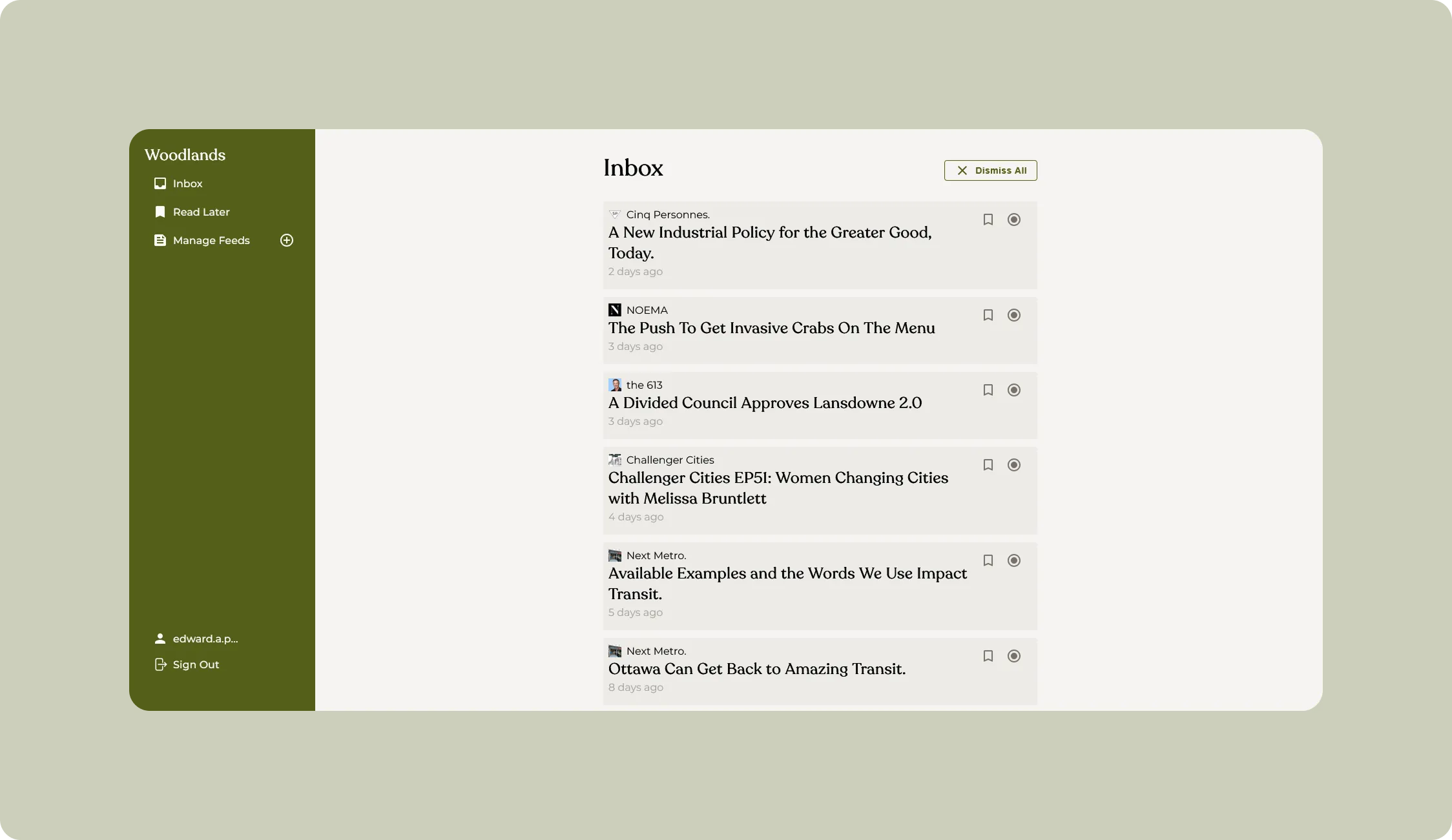 The Woodlands App inbox web page.